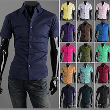 Free Shipping 2015 Mens Slim fit Unique neckline stylish Dress short Sleeve Shirts Mens dress shirts