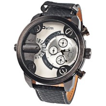 Oulm 3130 Men Military Watch with Double Movt Numbers and Strips Hours Marks Leather Band Quartz