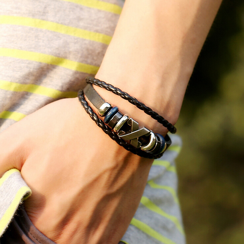 Men Leather Bracelet 2015 Trendy Summer Cross Charm Bracelets Bangles Hand Weaving Multilayer Black Wristband Jewelry