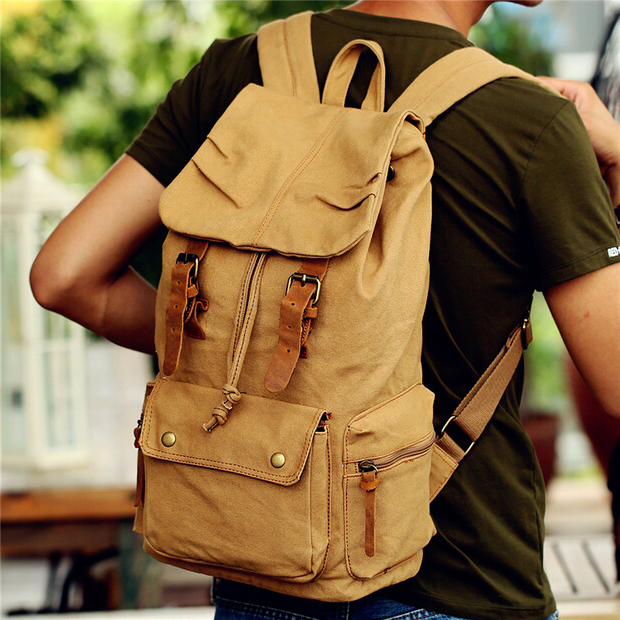 Ecocity vintage genuine leather canvas backpack mountaineering men and women school backpack rucksack student school bag