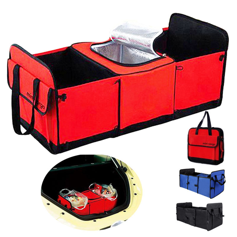 Auto Travel Foldable Multi Compartment Fabric Car SUV Storage Basket Trunk Organizer With Cooler Set Storage Bag Box