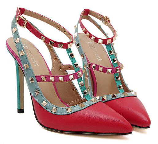 Size 35 40 New 2015 Brand Pointed Toe Rivets Shoes Woman High Heels Shoes blue red