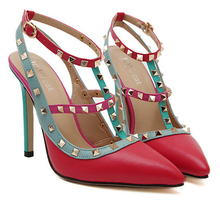 Size(35~40) New 2015 Brand Pointed Toe Rivets Shoes Woman High Heels Shoes blue red Fashion Sexy Women Pumps Women Sandal