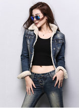 Autumn winter style high grade casual vintage Slim Plush velvet Denim coat women tops Thicken fur