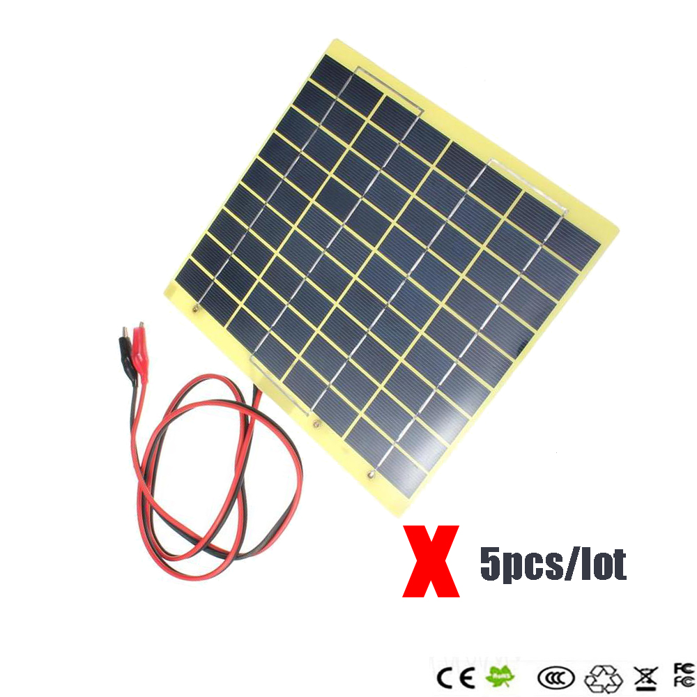 5pcs/lot Hot Sale 18V 5W Polycrystalline Silicon Solar Cell Solar Panel+Crocodile Clip Diy Solar System for Battery Charger