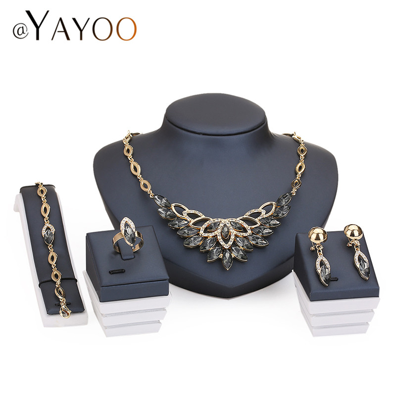 Crystal Jewelry Set Band 18K Gold Plated Fashion Party Wedding Bridal Rhinestone Necklace Earring Sets Bangle