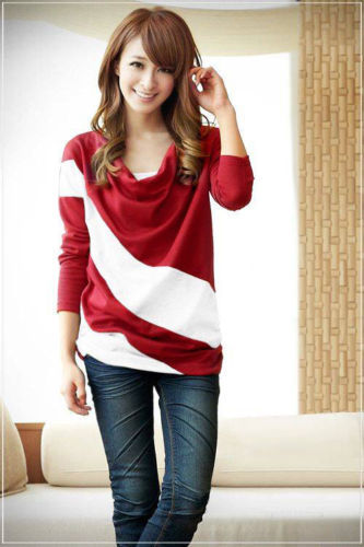 Fashion New Womens Girl Casual Batwing Stripe Top Loose Long Sleeve T Shirt 4 Size