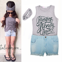 2016 Summer Girl kids Set Fashion Letters printed sleeveless T-shirt+Denim Shorts Pants+Headband 3pcs suits Girls Clothes set