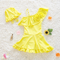 Shipping swimsuit Girls 2016 Summer Pink and Yellow Swimwear one Piece Swimsuit Cap with Age 4
