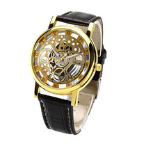 2015 Relogio Male l Luxury Brand Leather Band Skeleton quartz watch men women fashion WristWatch reloj