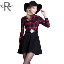 Relaxfeel Women’s Elegant Tartan Plaid Long-sleeved Round Neck Belt Buckle Dress