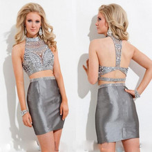 Sexy Sheath Short Cocktail Dresses 2016 Luxury Crystal Taffeta Backless Robe De Cocktail Party Graduation Ostrich Abiye