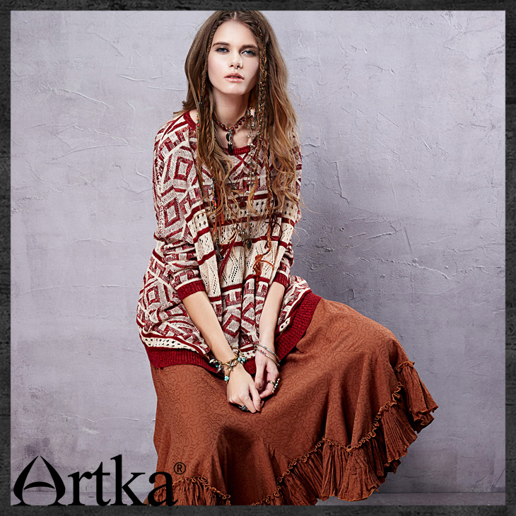 Artka женская чешского стиль старинные свитер о-образным вырезом полный рукавом геометрическая перфорированная конструкция свободный пуловер yb14058c