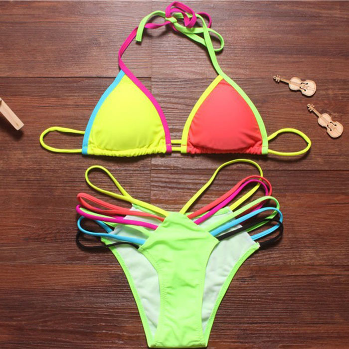 New 2015 Bandage Bathing suit Beachwear Top Striped Block Bandage swumsuit push up bikinis set swimwear women Bath suit (6)