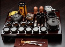 Chinese kung fu tea set porcelain tray purple grit ceramic teapot for the tea cups with saucers solid wood the tea pot  26pcs
