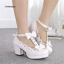 CDTS zapatos mujer Spring/Autumn Sweet T-strap Shoes female high-heeled pink cosplay shoes lolita single princess Bowtie Pumps