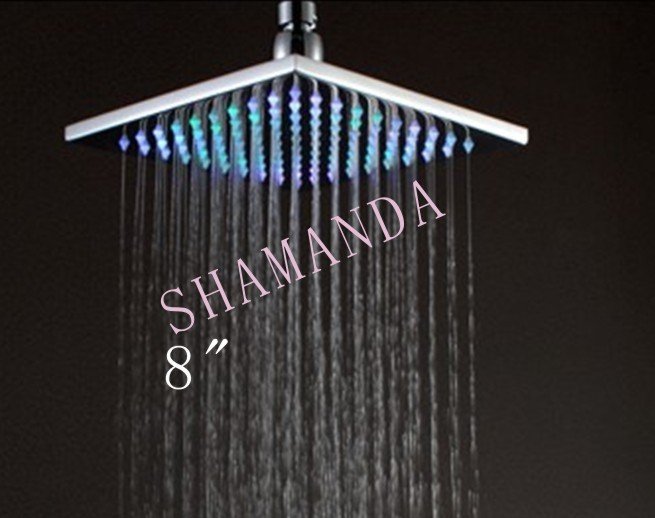 Free Shipping 8 inch LED shower head with brass 200x200mm Rainbow Colors showing gradually as time changes 20010