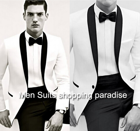 New Arrival New Style Groom Tuxedos White Suit black Lapel Wedding Suit Bridegroom Suits Custom Made (Jacket+Pants+Girdle)