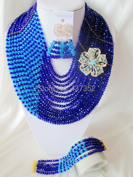 Luxury 15 layers Royal blue African Nigerian Wedding Beads Jewelry Set Bridal Jewelry Sets Free Shipping CPS-3176