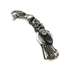 fashion 100 genuine leather skull keychain high quality Punk trendy jewelry all matches key chains for