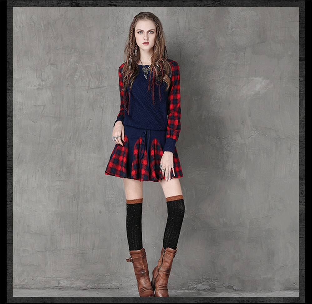 Vintage Wool WINTER DRESS 2016 Casual Knitting Long Sleeve Women Dress Plaid Sashes Patchwork Sweater Dress Woman O-neck Vestido (8)