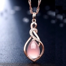3.9 Karat Pink Chalcedony Nature Crystal Classic Pendant Necklace High Class with 13 pcs Switzerland Cubic Zirconia Jewelry