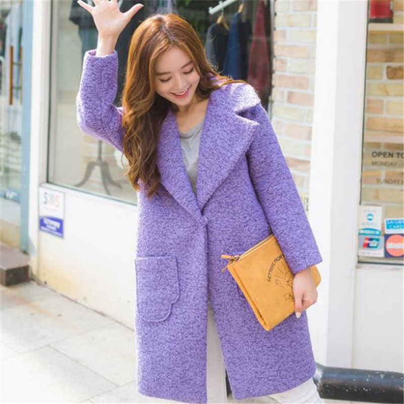S-XL 2 Candy Colors 2015 New Autumn Winter Women Long A-line Woolen Coat Female Turn-down Collar Button Casual Outwear ZS274