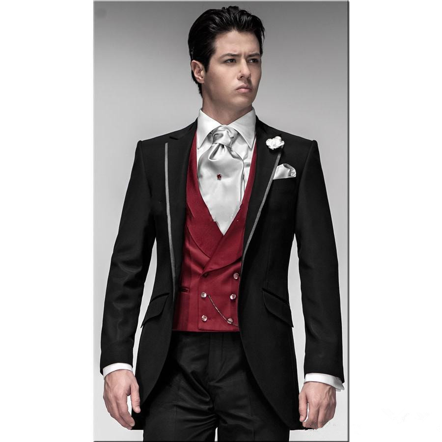 Hottest Sale Morning style Navy Blue Groom Tuxedos Groomsmen 2015 Men\'s Wedding Suits Best man Suits (Jacket+Pants+Vest+Tie) WF35