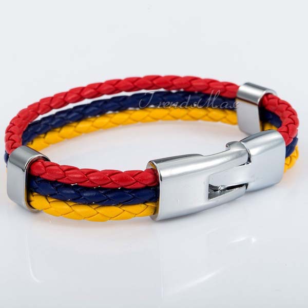 2014 World Cup National Flags Sports 3 Strands Rope Braided Surfer Leather Bracelets Mens Bracelets 8inch