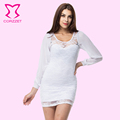 Cute Sheath solid White Lace o neck Long Sleeve Slim Club Dress M L XL XXL