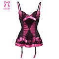 Women Slimming Body Shaper Sexy Corset Lingerie Rose Red Satin Black Mesh Push Up Bustier Corpetes