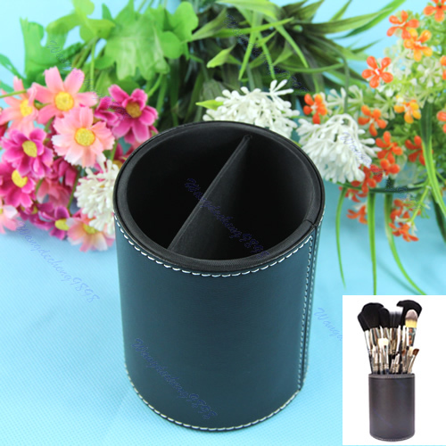 J35 Free Shipping New Cosmetic Makeup Brush Round Pen Holder Tool Black PU Leather Cup Container