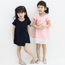 Children Kids Girls Short Sleeve One Piece Dress Casual Solid Color Dress 2-7Y
