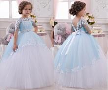 Pageant Dresses for Little Girls Lace Appliques Half Sleeves Beading Belt Open V Back Floor Length Ruffle Tulle Ball Gowns 0-14Y