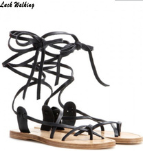 2016 celebrity brand new designer Faux Leather Strappy Roman Goth Gladiator Thong Lace Up Sandals Flat Shoes plus size35-40