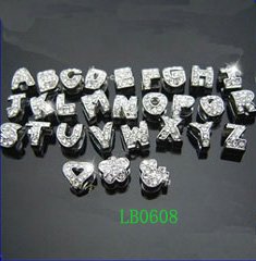 8mm*3mm Fashion Crystal Metal Radiant Alphabet Charm Beads,fits 3mm DIY Rope,Can pick Letters,Free Shipping Wholesale 260pcs/lot