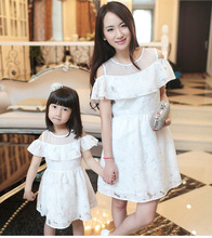 Matching Mother Daughter Clothes Summer Style princess Dresses women and girl party white dress Cotton Family Clothing