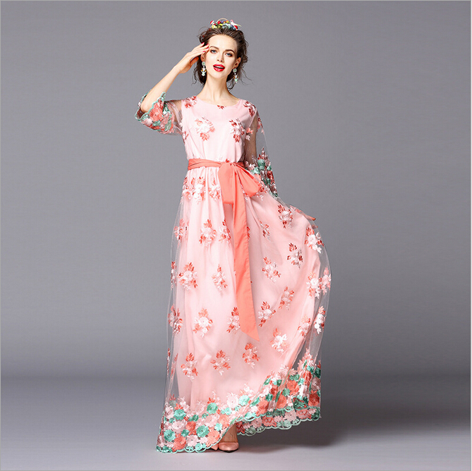 European High Quality Runway Dress 2016 New Fashion Mesh Embroidery Flare Sleeve Belt Ball Gown Long Dress Florals Bandage Dress