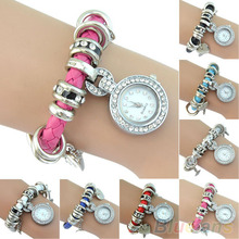 Women s Rhinestone Heart Charm Wrist Watch Faux Leather Braided Strap Bracelet