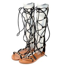 2016 classic Roman gladiator sandals Summer rivet Flat shoes cross lacing Toe sandals leather knee high boots plus size 35-40