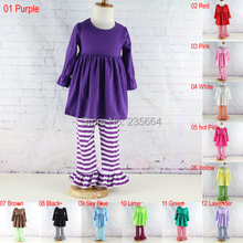 Factory Sale!Long Sleeve Cotton Baby Girl Clothing Set,kids solid ruffled dress and ruffled pants sets kid outfits Free shipping