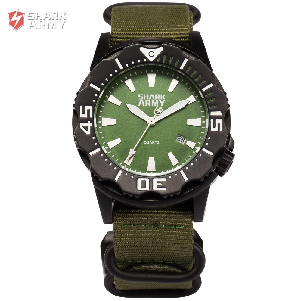 SHARK ARMY 100m Waterproof Surfing Auto Date Full Steel Green Nylon