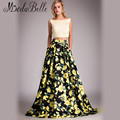 Real Picture Flower Print Fitted Prom Dress Yellow Black Two Piece Galajurken Backless Sexy 2016 Modest
