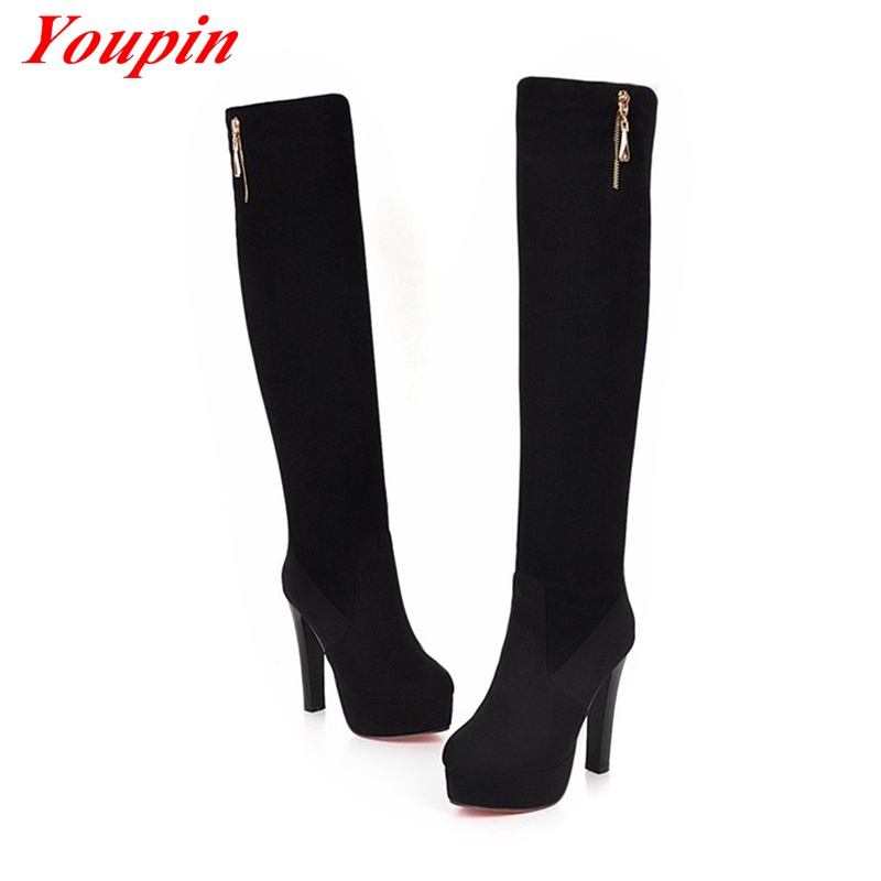 Spike Heels Long Boots 2015 Sequined Knee-high Boots Winter Short Plush Plus Size Woman Shoe Slip-On Spike Heels Long Boots