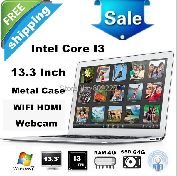 Free shipping 13 3 Inch ultrabook laptop notebook with In tel i3 Dual core 1 8Ghz