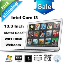 Free shipping 13.3 Inch ultrabook laptop&notebook with Intel i3 Dual-core 1.8Ghz Processor 4GB RAM&64GB SSD WIFI 1.3MP Webcam