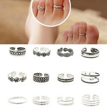 Wholesale 12Pcs Celebrity Fashion Simple Sliver Plated Retro Carved Flower Toe Ring Foot Jewelry