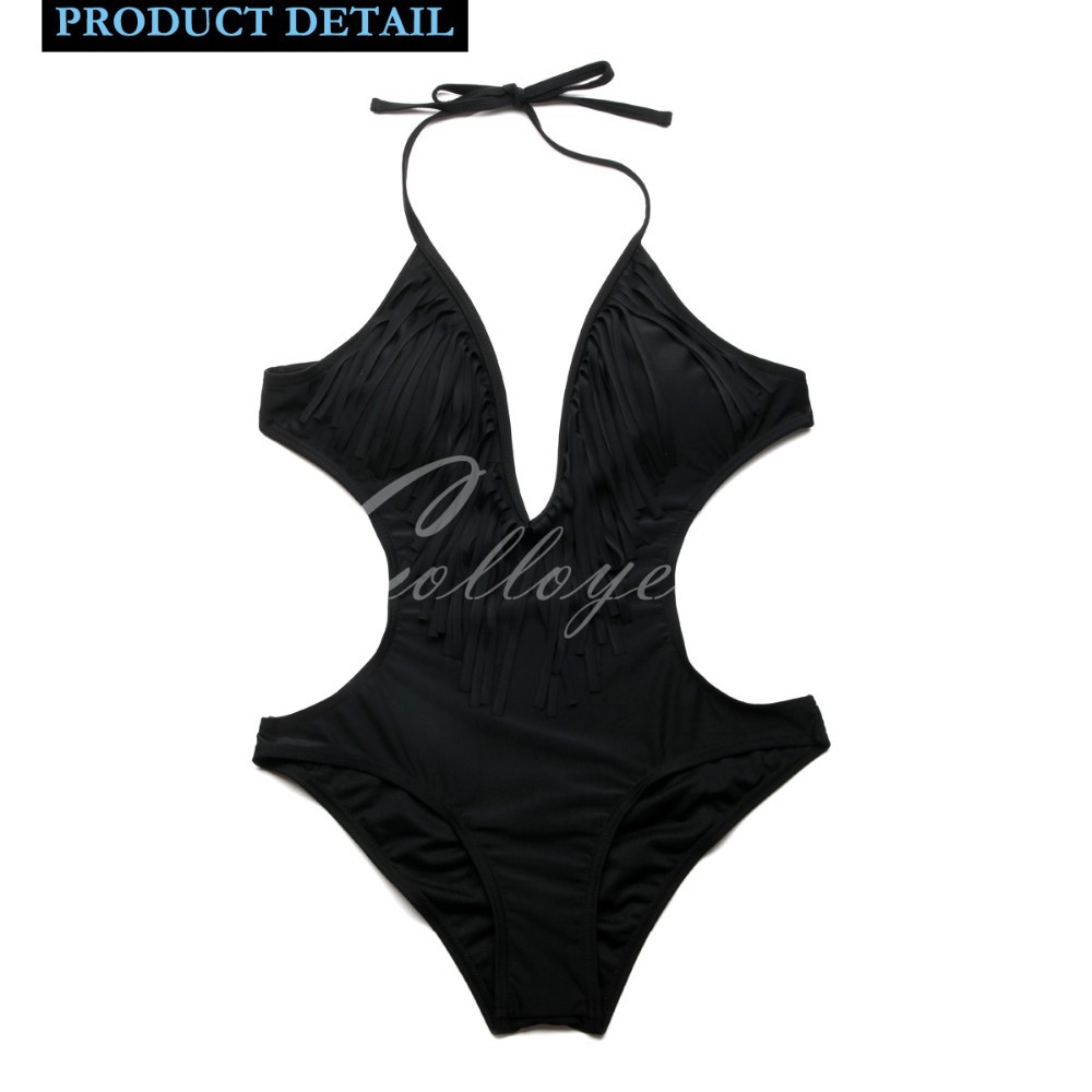 CA156001-800 2015 Colloyes Sexy Black Summer Sexy Women One-Piece Bikini Monokini Swimsuit Padded Backless Swimwear + Fringe + Side Cut-outs (6)