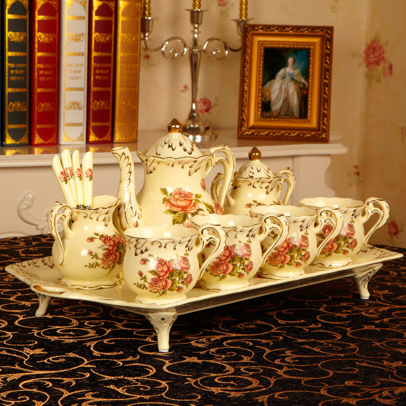 European Luxury Tea and Coffee Set of Mugs Hand Painted Red Gold Rose Flower Ivory Porcelain