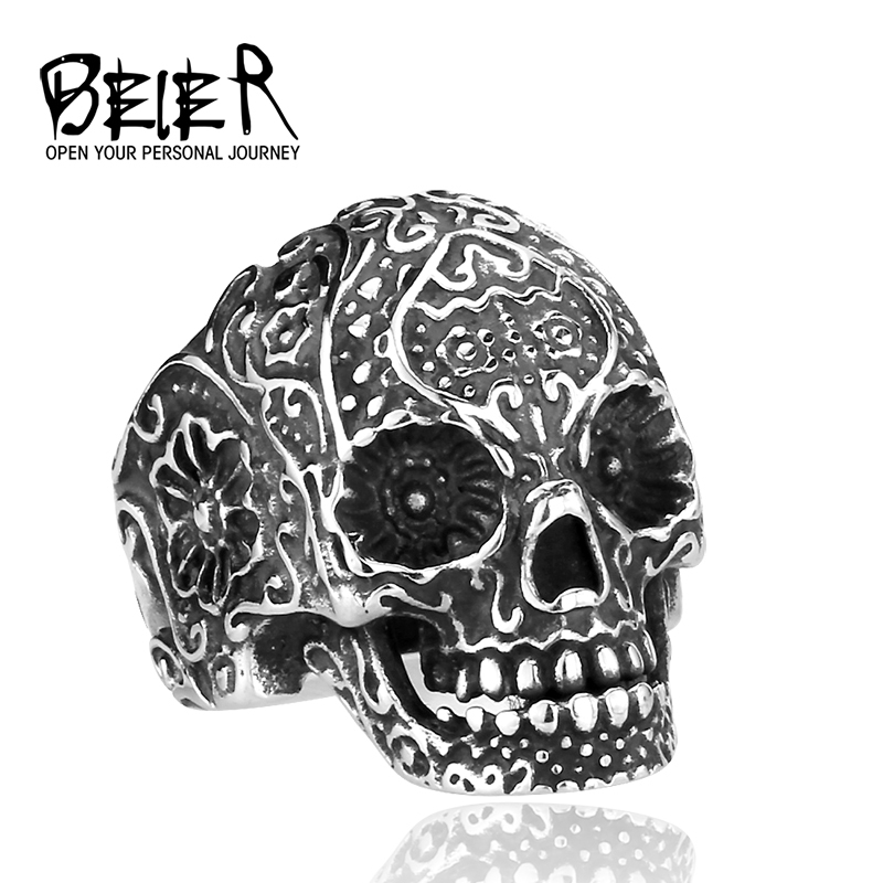 Classice 316L Stainless Steel Jewelry Men s Garden Flower Skull Ring Punk BR8 071 US Size